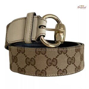 Authentic Gucci Brown Monogram Canvas Leather Gold Horsebit Ring Belt Size 90/36